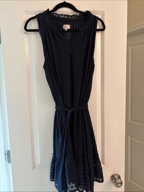 LOFT Navy Swiss Dot Sleeveless Belted Midi Dress